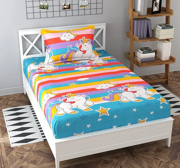 220TC_Elastic_Fitted_100%_Cotton_Feel_Printed_King_Size_Single_Bed_Bedsheet_with_1_Pillow_Cover_(36"x78"_Upto_6"_Mattress)_Unicorn